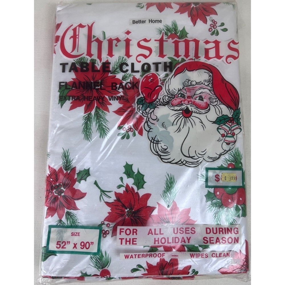 Vtg Better Home Christmas Tablecloth Santa Poinsettia Flannel Back 52" x 90"